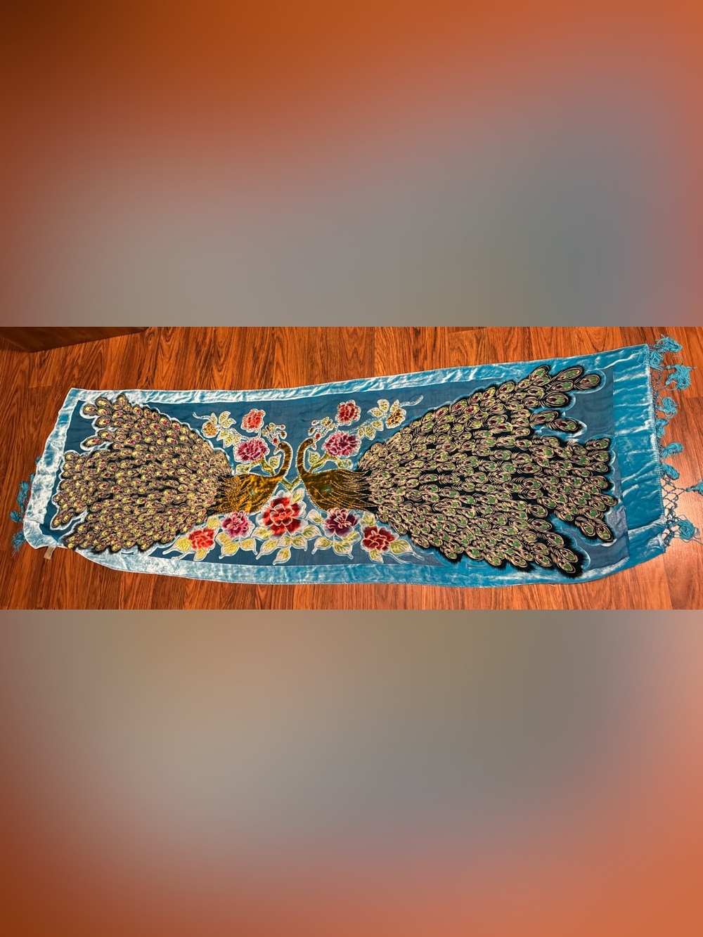 Vintage Rose Peacock Burnout Velvet Shawl Wrap Silk Blend Blue Fringe OS